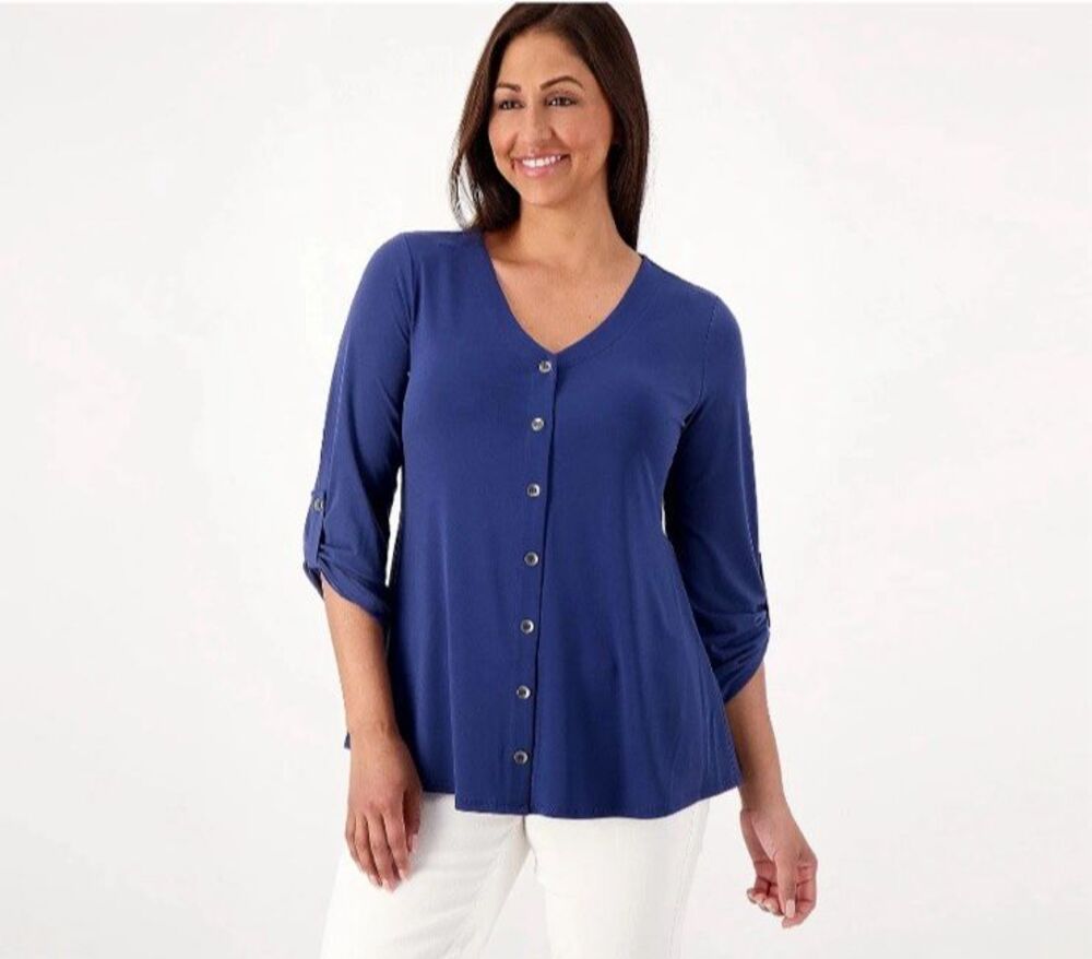 Susan Graver Womens Top Sz M Blue Liquid Knit V-Neck Button Trimmed Roll Sleeves